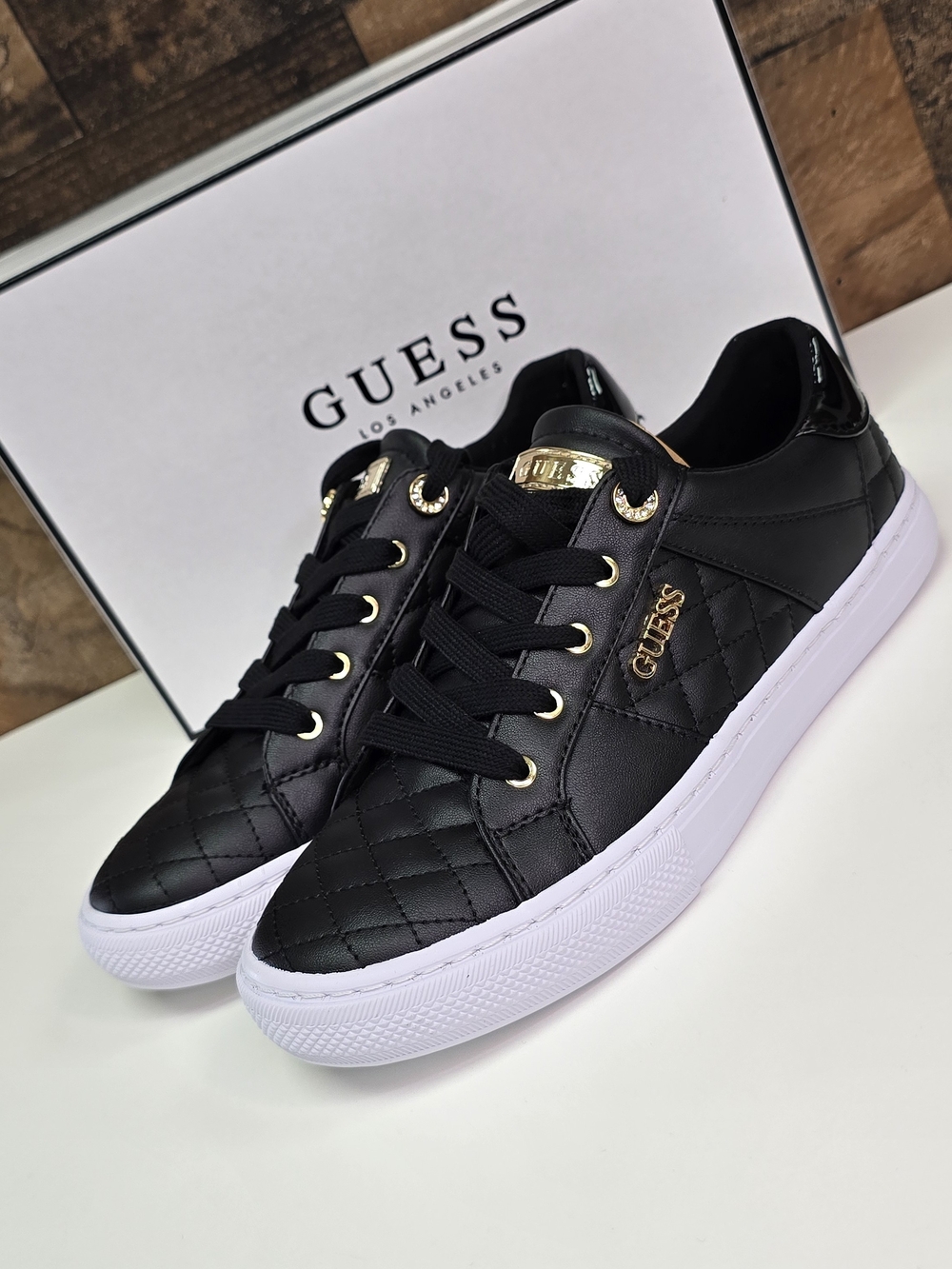 GUESS Quilted Black Sneakers with Gold Accents Size 8.5